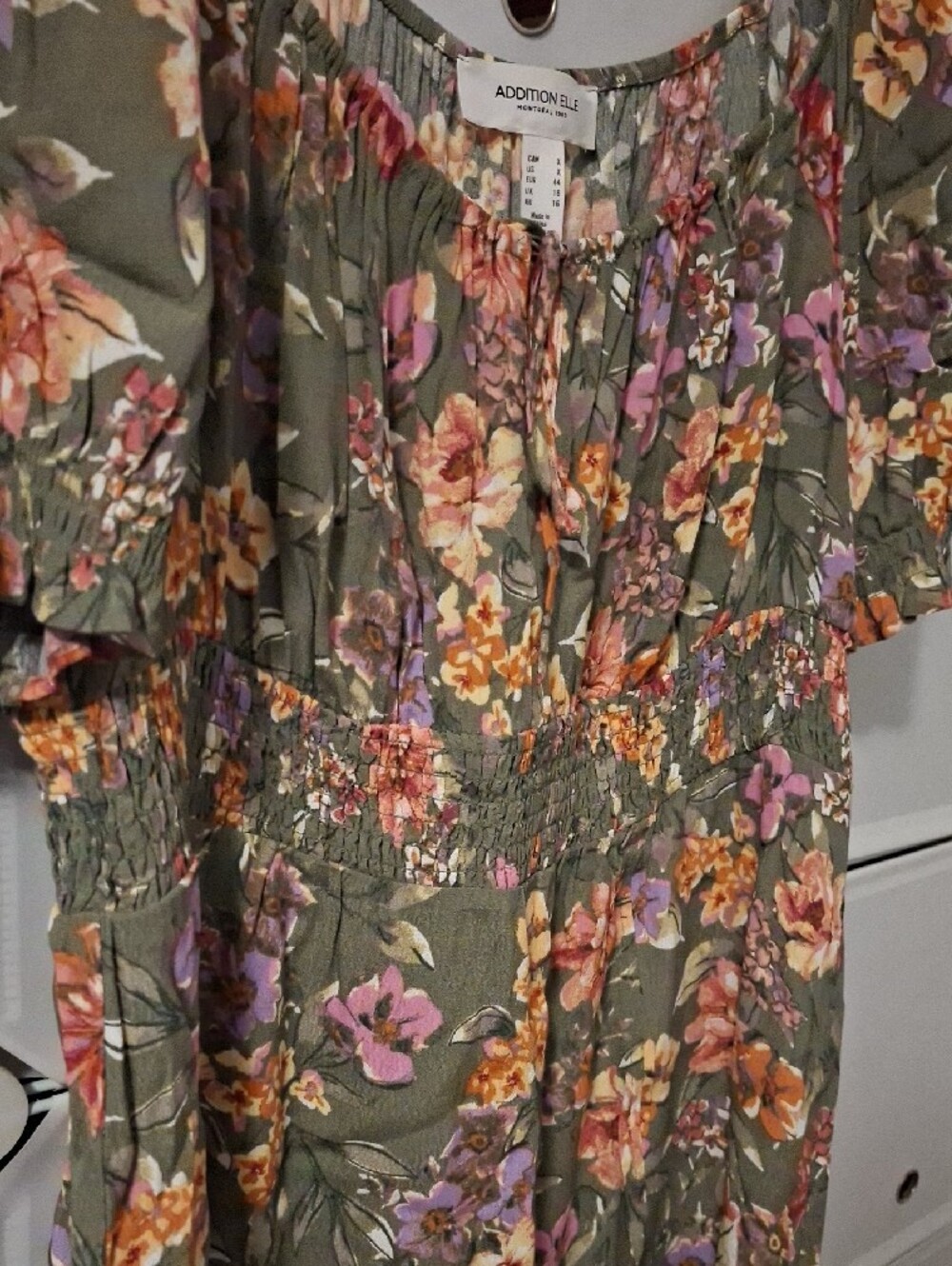 Addition Elle Olive Green Floral Midi Dress with Smocked Waist - Picture 4 of 9